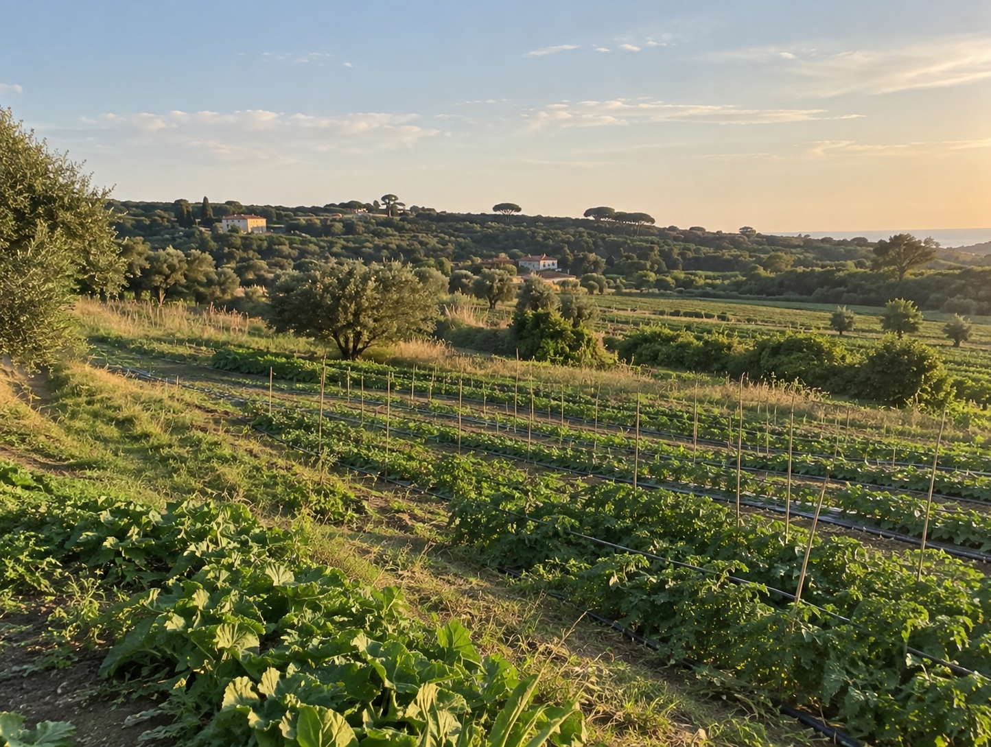 I campi de Le Terre del Maccarese al tramonto: filari di ortaggi coltivati con le colline e il mare sullo sfondo